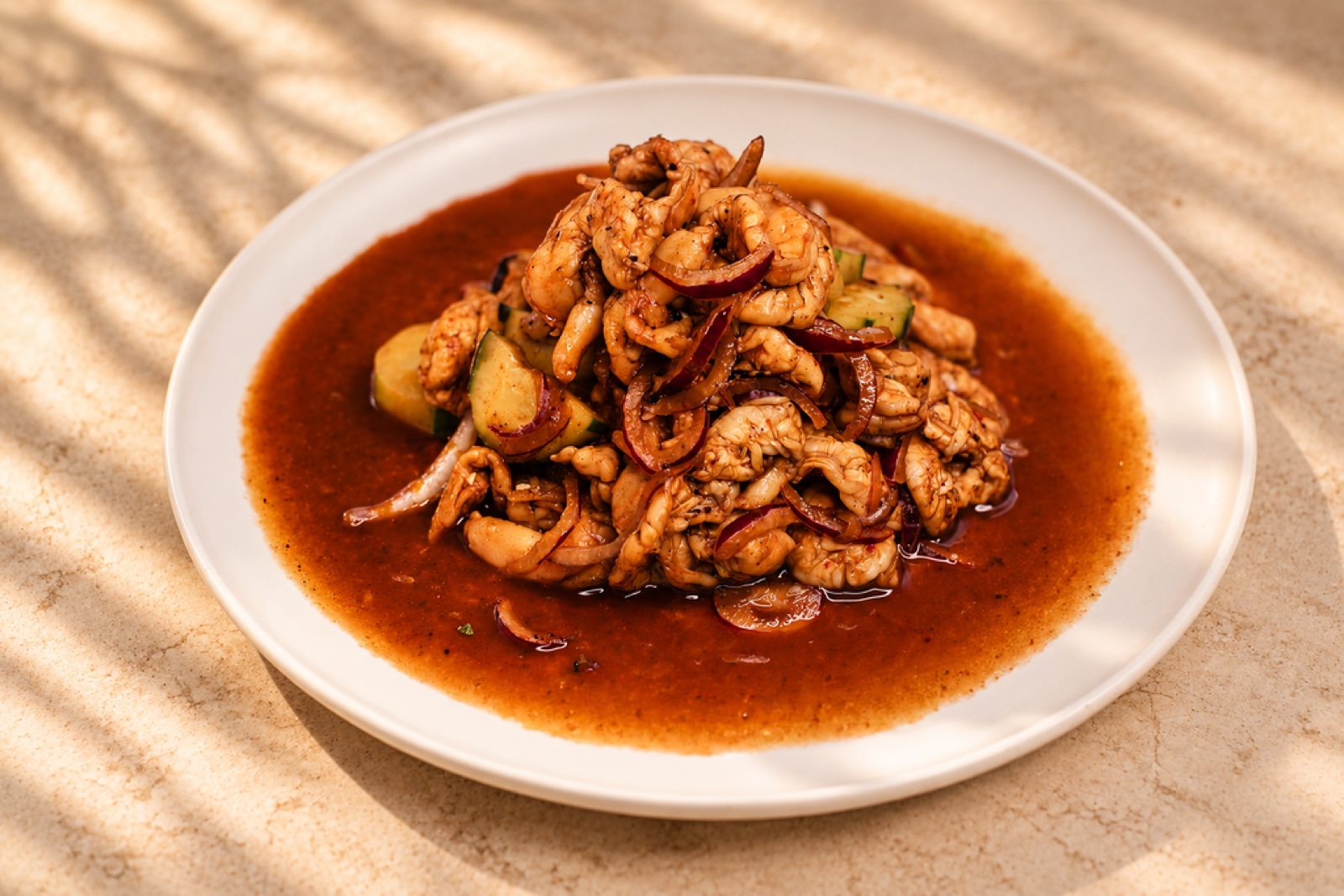 Camarón salteado con cebolla morada