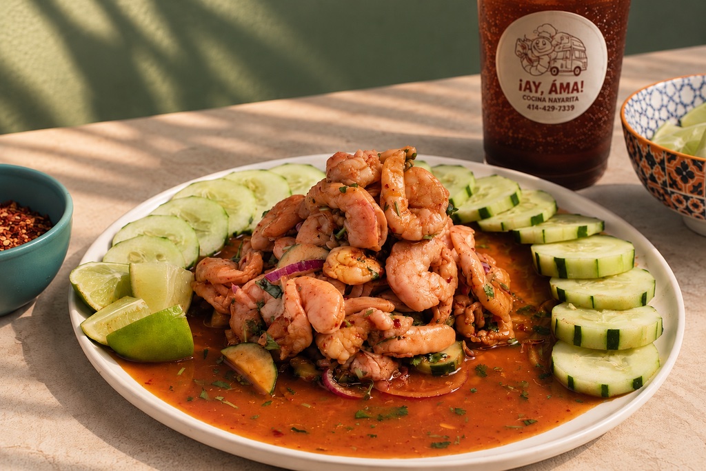 Aguachile rojo y agua fresca de ¡Ay, Ama! en una mesa soleada